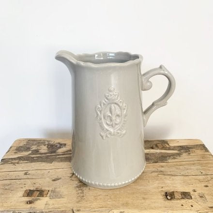 CERAMIC GREY FLEUR DE LIS JUG, 18CM