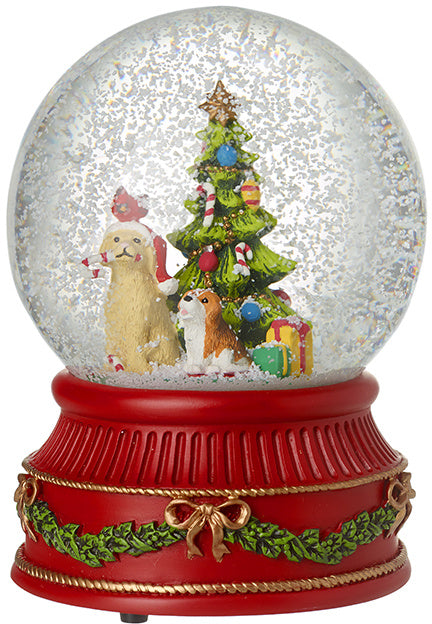 Musical Christmas Tree & Dog Snow Globe, 16cm