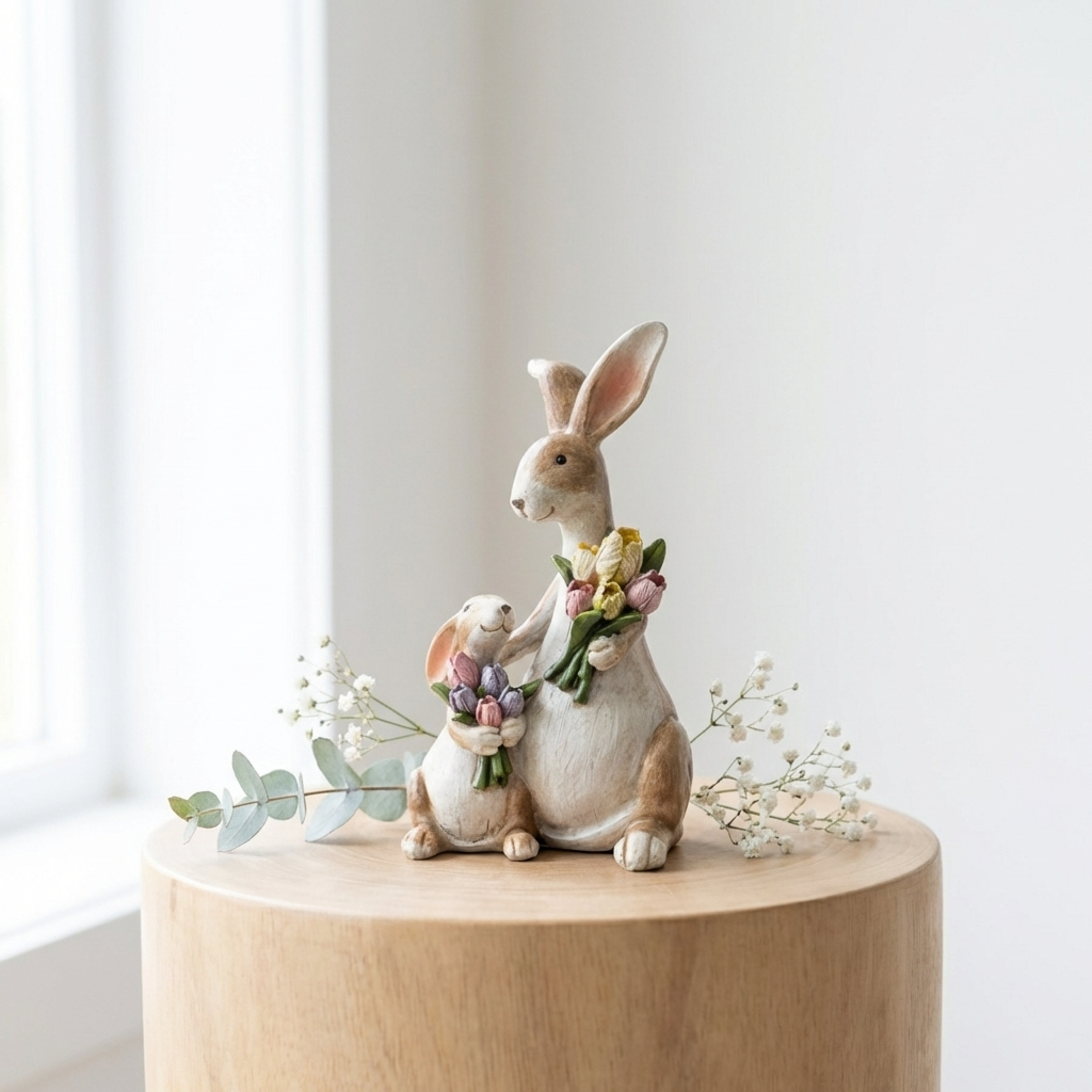 Mum & Baby Rabbit with Flowers Ornament, 14cm