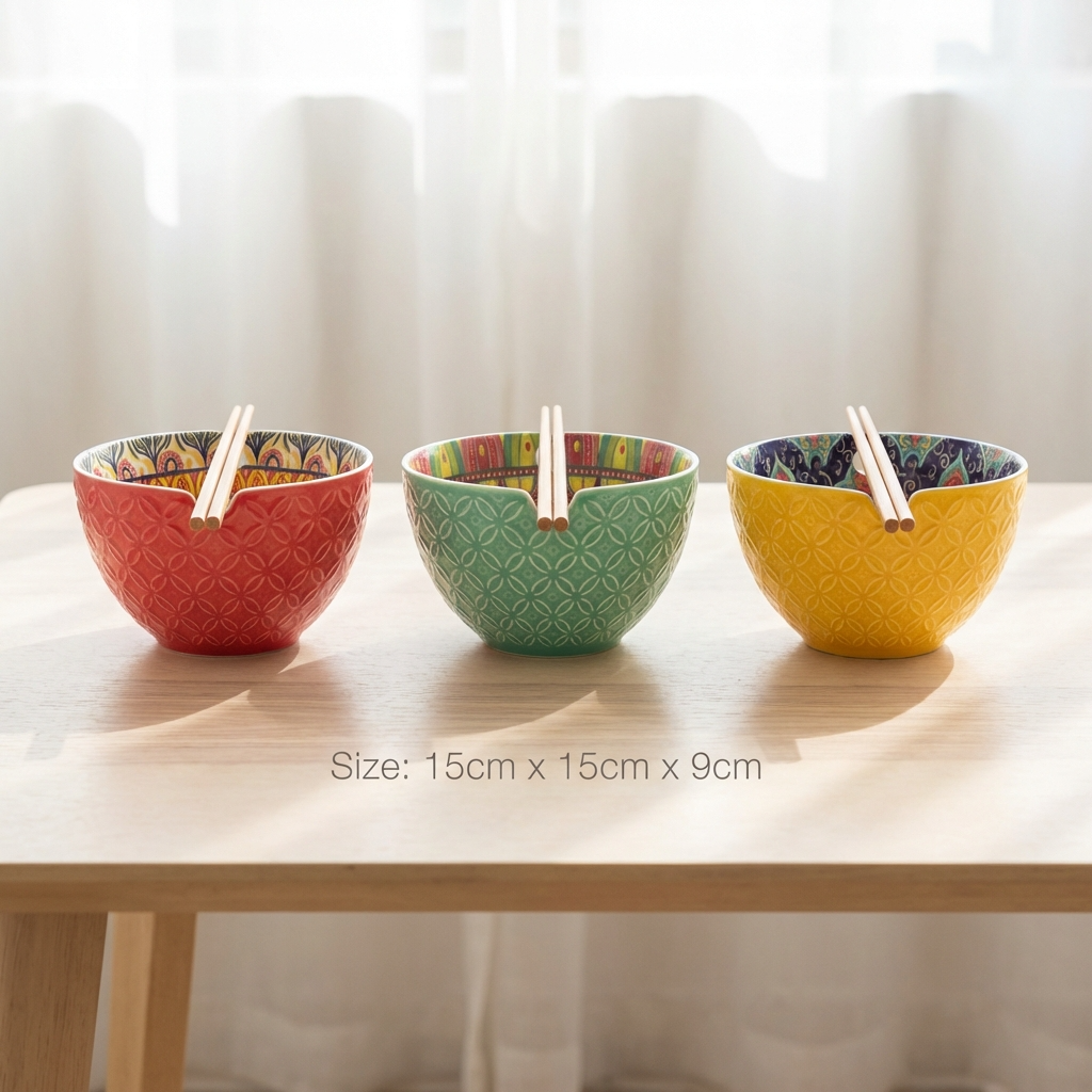 Tuscany Assorted Set of 3 Noodle Bowls with Chopsticks 15cm