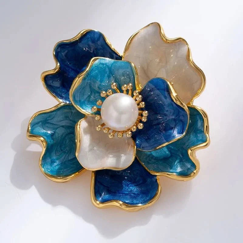 Enamel Peony Freshwater Pearl Brooch by Angel Barocco