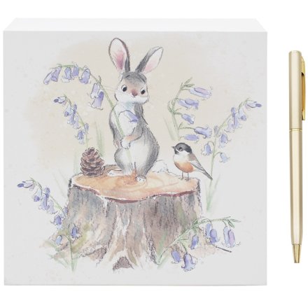 Hare and bird memo pad with soft floral and woodland illustration