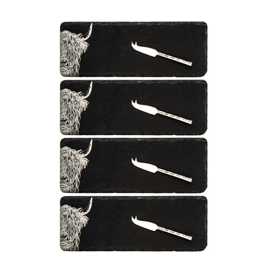 Highland Cow Mini Slate Cheese Board & Knife Sets - Set of 4 by Selbrae House