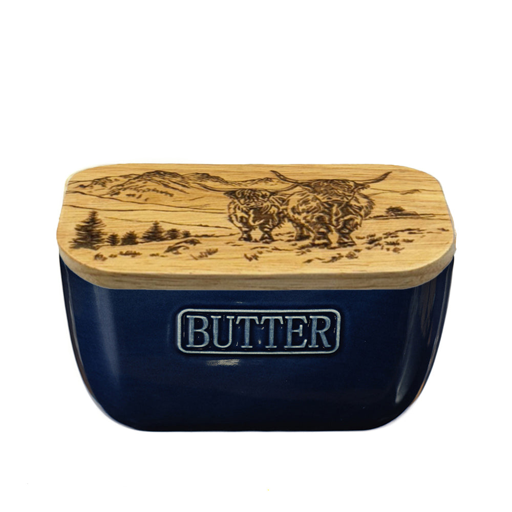 Scenic Highland Cow Blue Butter Dish by Selbrae House