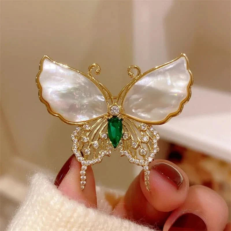 Natural Shell Diamond Butterfly Brooch by Angel Barocco