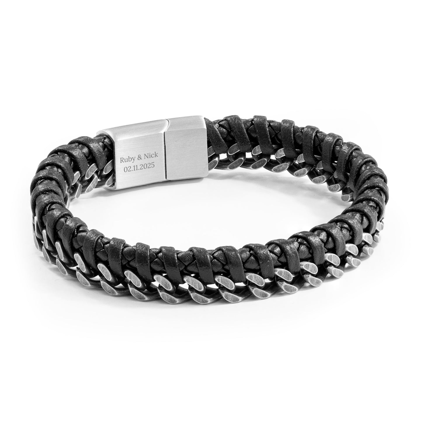Treat Republic Personalised Men's Woven Leather and Stainless Steel Bracelet
