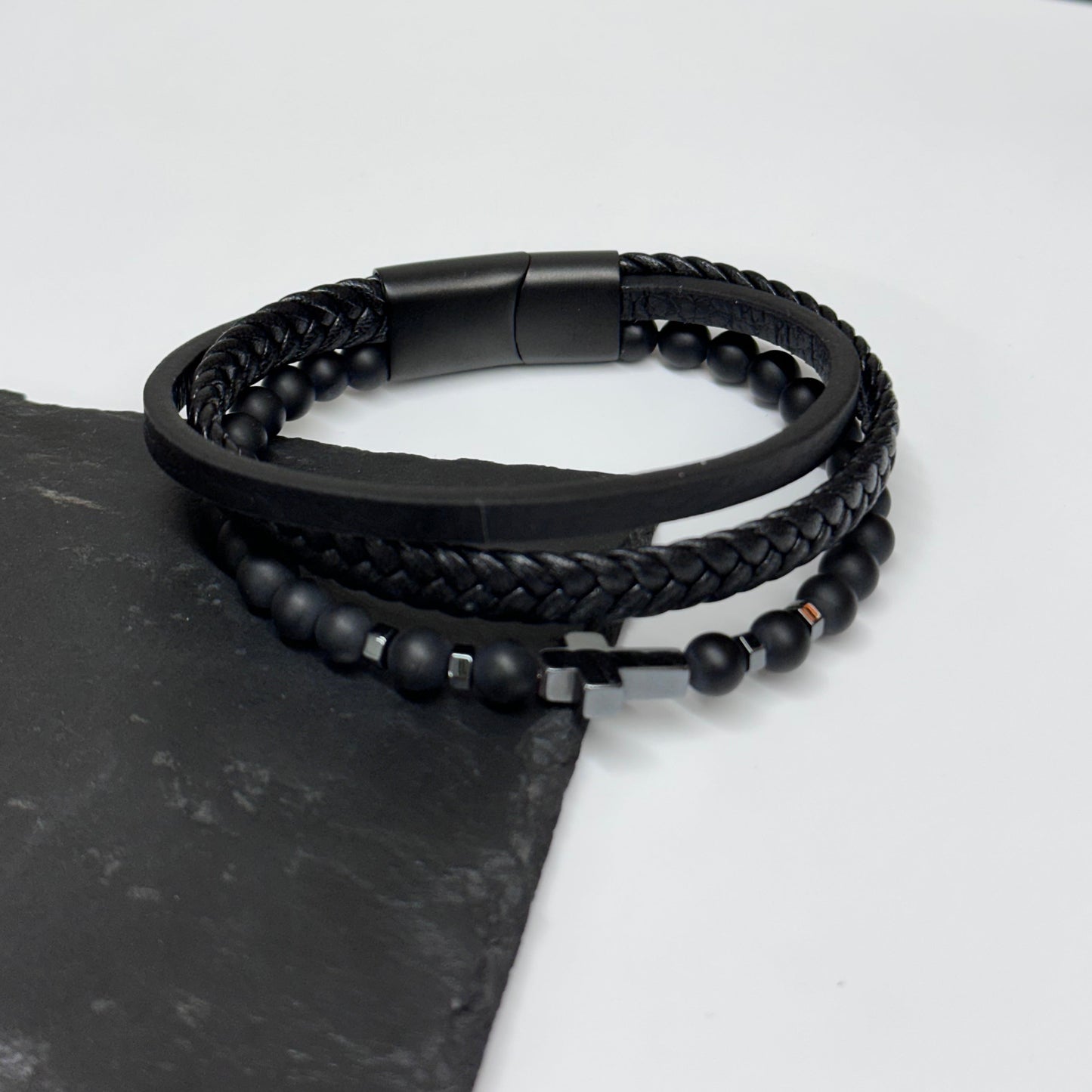 Men's Beaded and Stacked Leather Cross Bracelet by Treat Republic