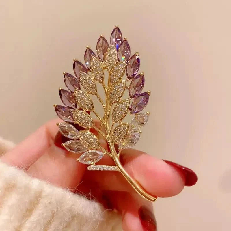 Purple Crystal Leaf Brooch by Angel Barocco