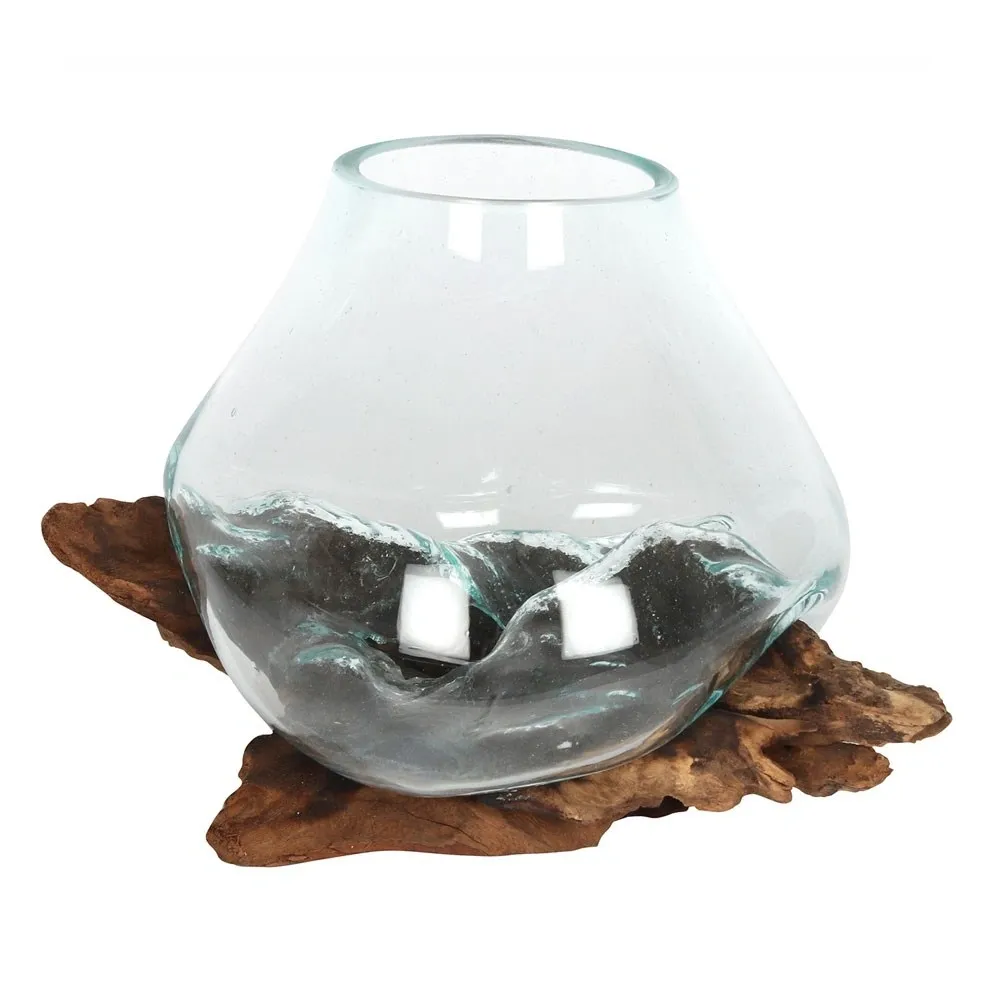 LARGE MOLTEN GLASS ON ROOT WOOD STAND
