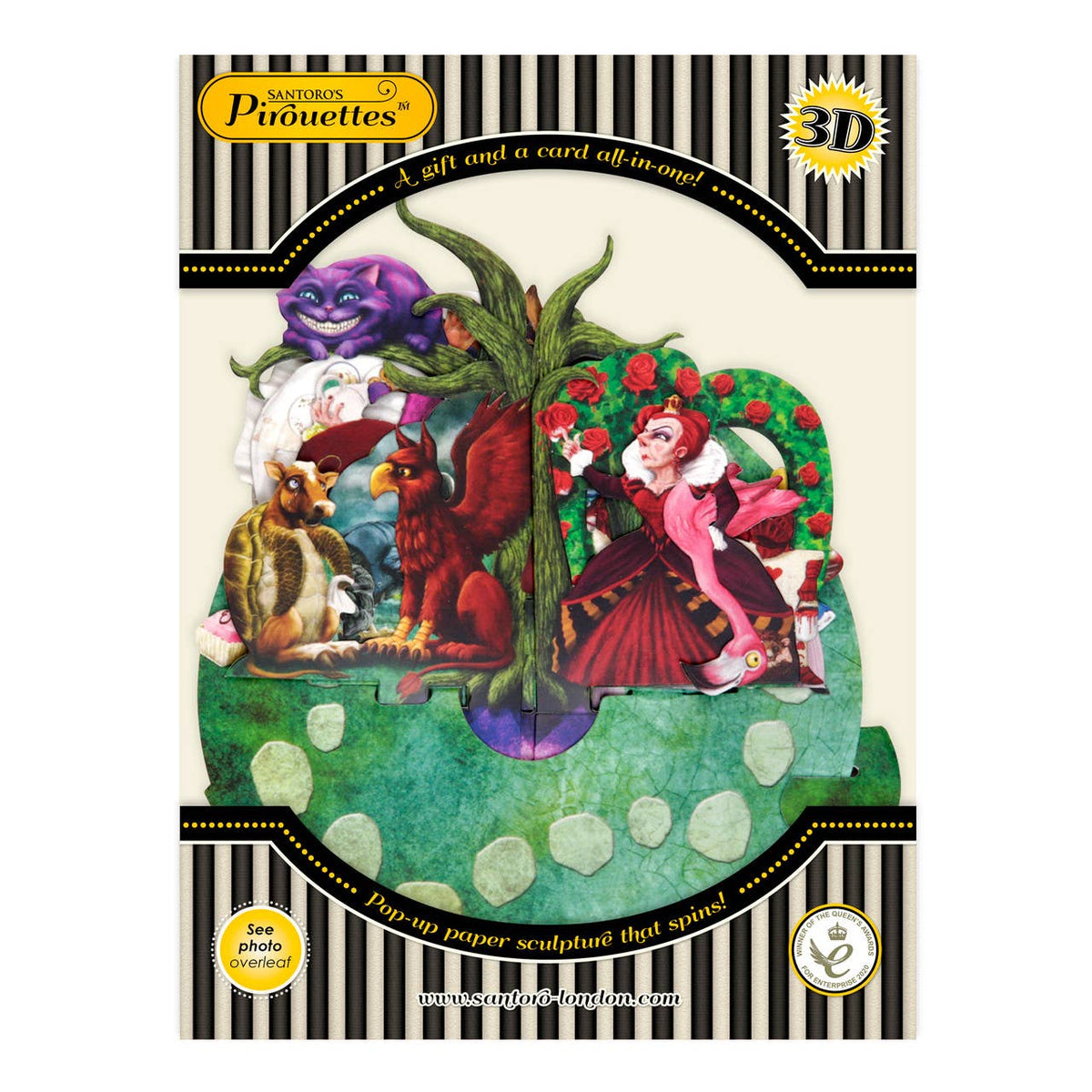 Alice in Wonderland Pirouette Card in original Santoro London packaging featuring the Queen of Hearts, Cheshire Cat and Wonderland characters