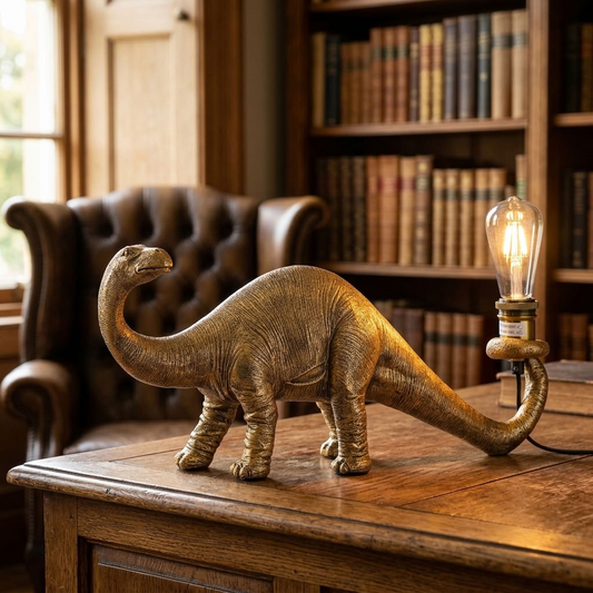 Antique gold Brontosaurus table lamp with glowing bulb displayed on an aged oak desk in a traditional home library.