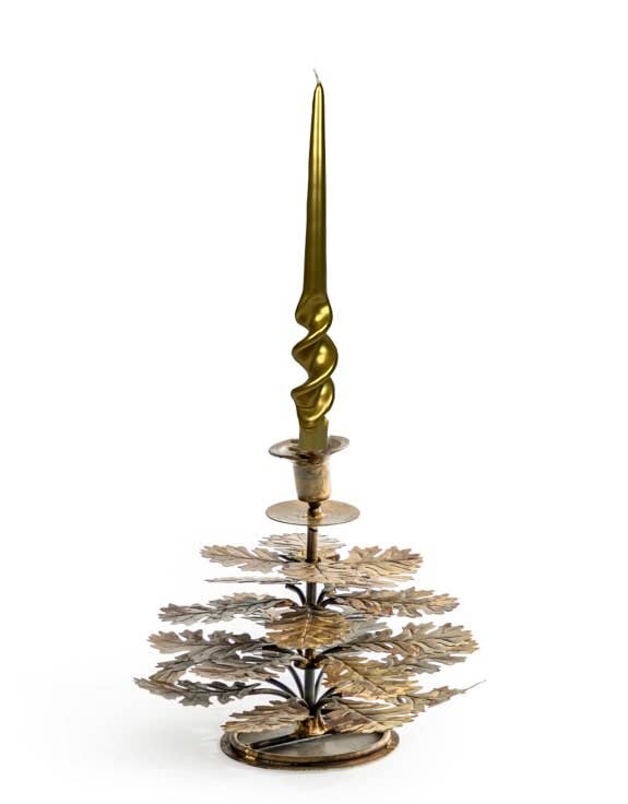 Antique Gold Oak Leaf Candle Holder with layered sculpted oak leaves and tall taper candle against a white background