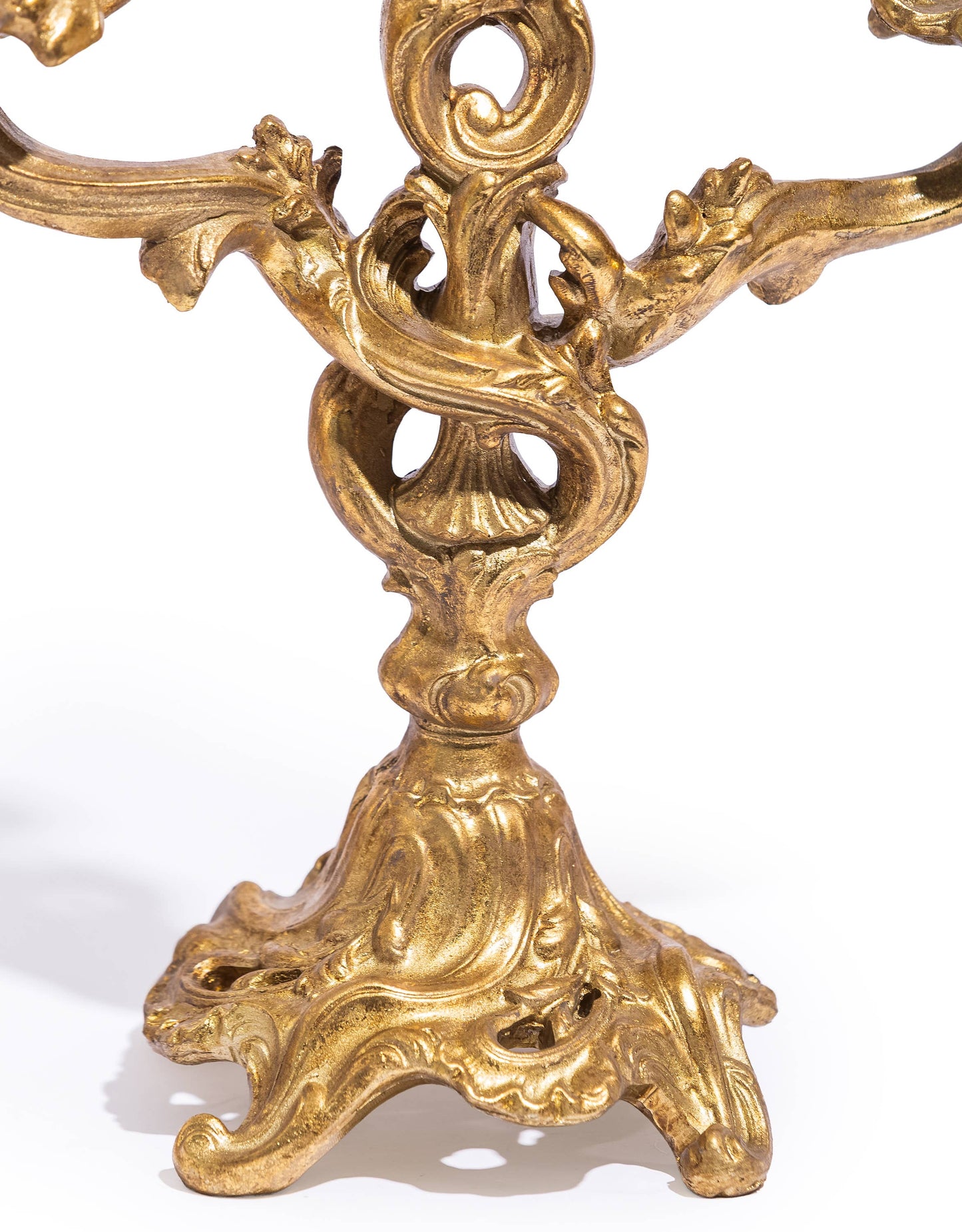 Antique Gold Ornate Candelabra close-up showing the decorative central stem and ornate footed base