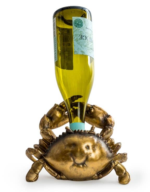 Antique Gold Thirsty Crab Wine Bottle Holder with sculpted claws holding an upside-down wine bottle