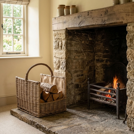 Antique Wash Willow Open End Log Basket beside a rustic stone fireplace in a traditional English country home