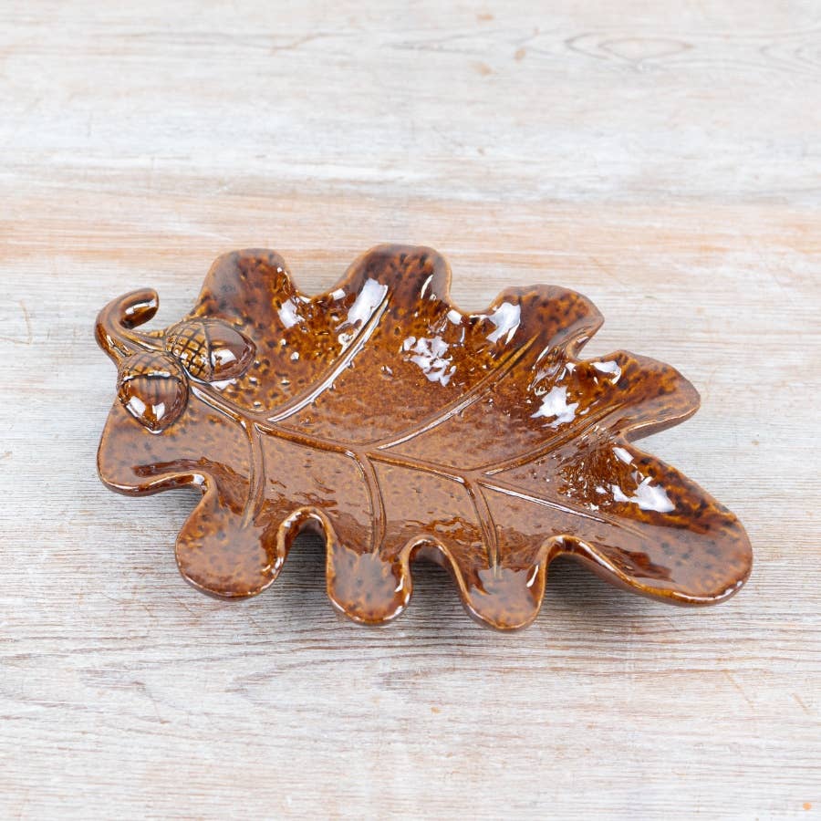 Brown Leaf Trinket Dish 21.5cm with raised acorn detailing and glossy glazed finish