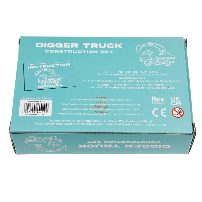 Build Your Own Digger Truck Construction Kit packaging showing product and safety information