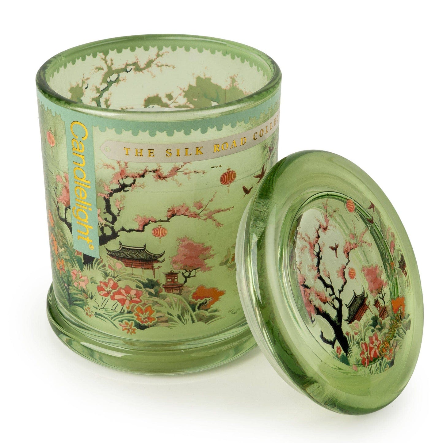 Candlelight Silk Road Collection Chengdu large glass jar candle with matching glass lid removed