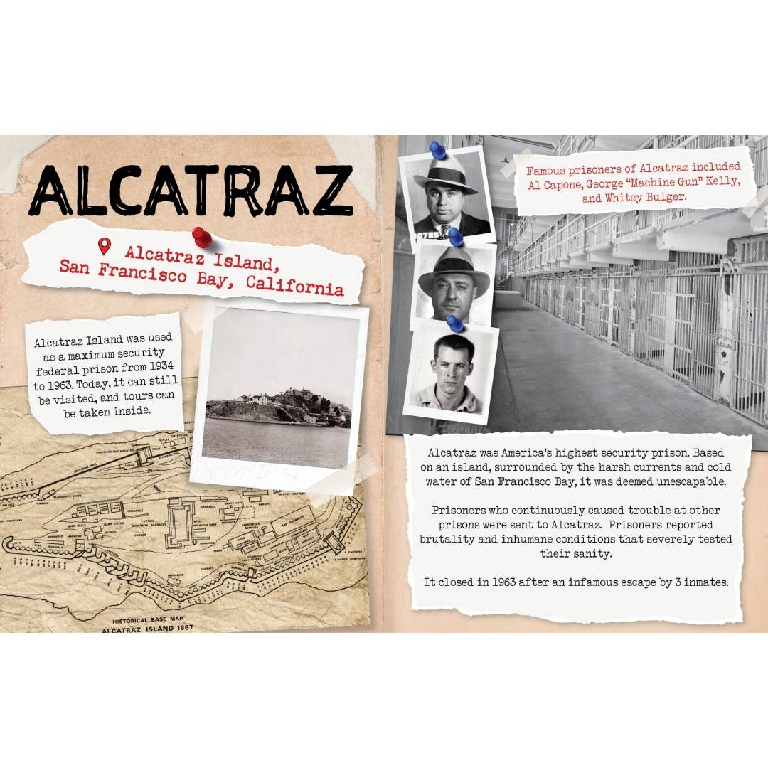 Dark Tourism Guidebook showing interior pages about Alcatraz with historical photographs and information about the infamous prison.