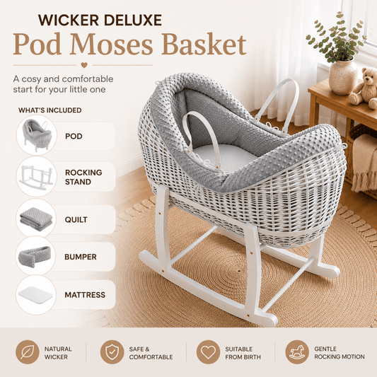 Deluxe Wicker Pod Baby Moses Basket with rocking stand showing product design and included accessories