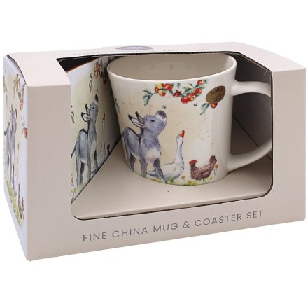 Boxed donkey, goose and hen fine china mug and coaster set with floral farmyard design