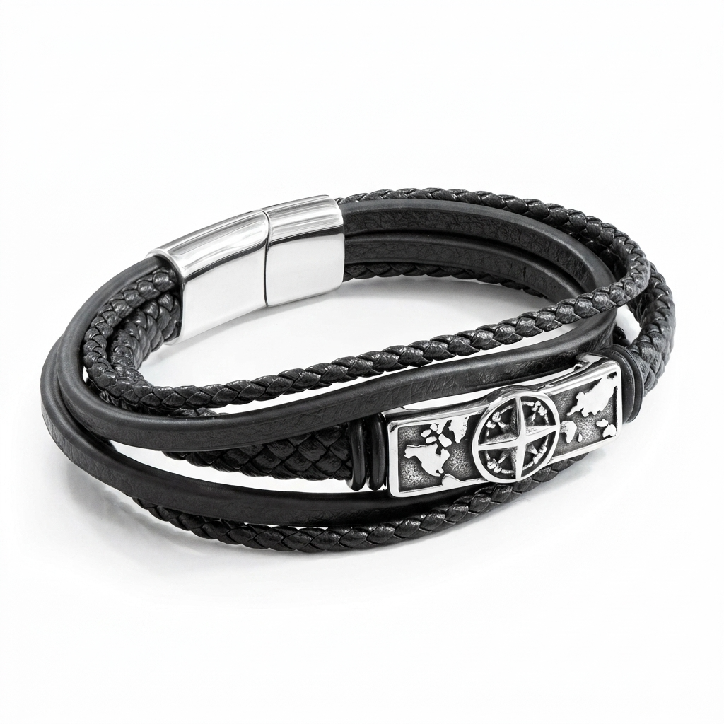 Men's Travel Compass Stacked Leather Bracelet by Treat Republic