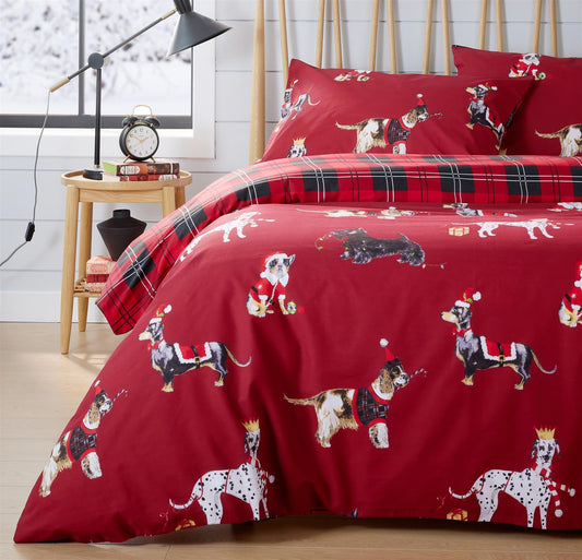 Festive Christmas Dogs Reversible Duvet Cover Set Cotton Rich Bedding Set by OLIVIA ROCCO