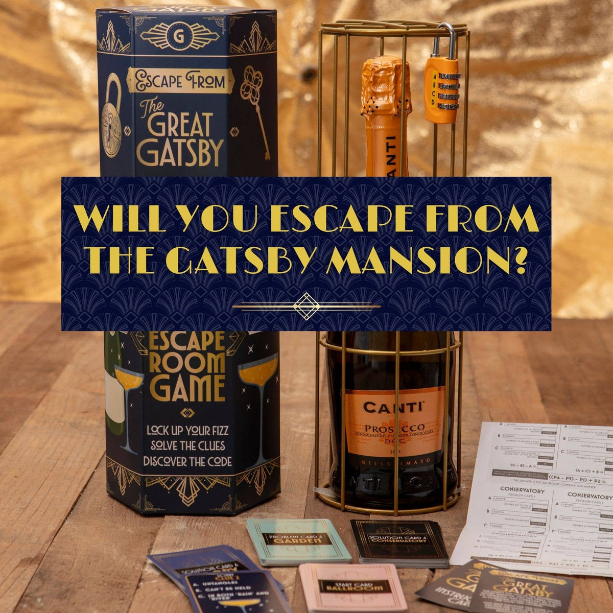 The Great Gatsby Wine Escape Room Game with bottle cage, puzzle cards and Gatsby Mansion challenge