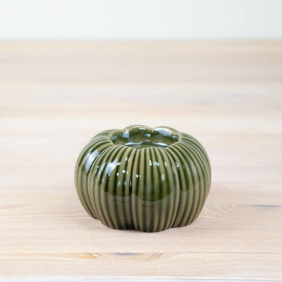 Green Pumpkin Tealight Holder 9cm in glazed ceramic with finely ribbed detailing