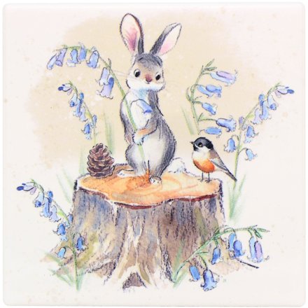 Square ceramic coaster with illustrated hare and bird surrounded by bluebells
