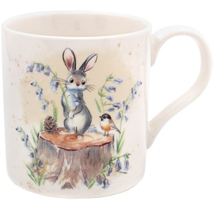 Ceramic mug with illustrated hare, birds and delicate botanical details