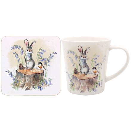 Hare and bird ceramic mug with matching illustrated coaster