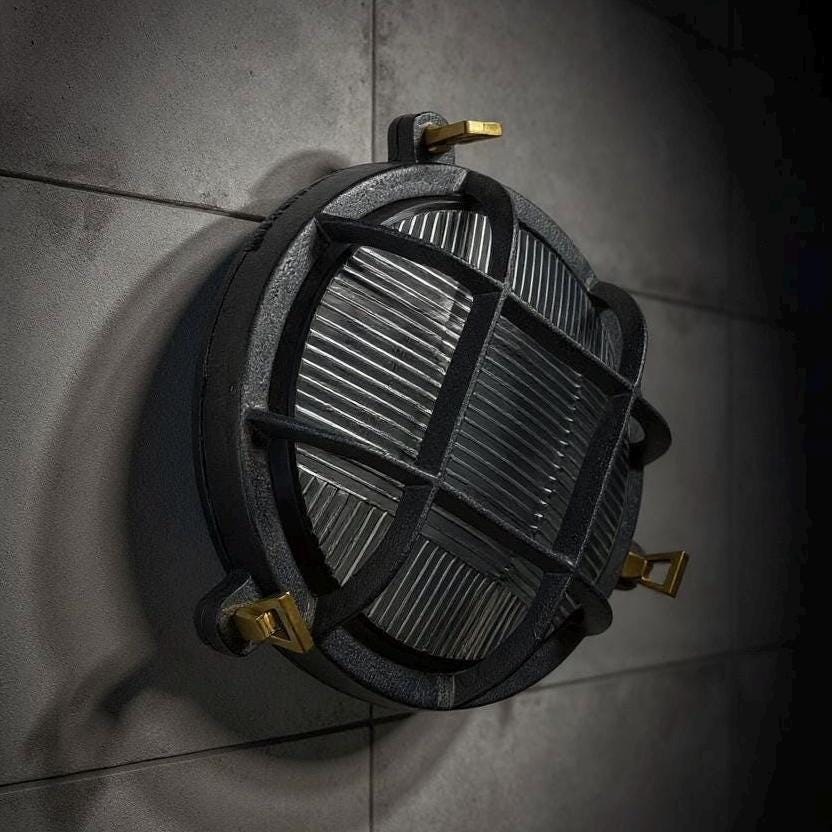 Wroxham ~ Cast Pewter Caged Nautical Bulkhead Wall Light Industrial Ceiling Fixture by Vintage-Electrical