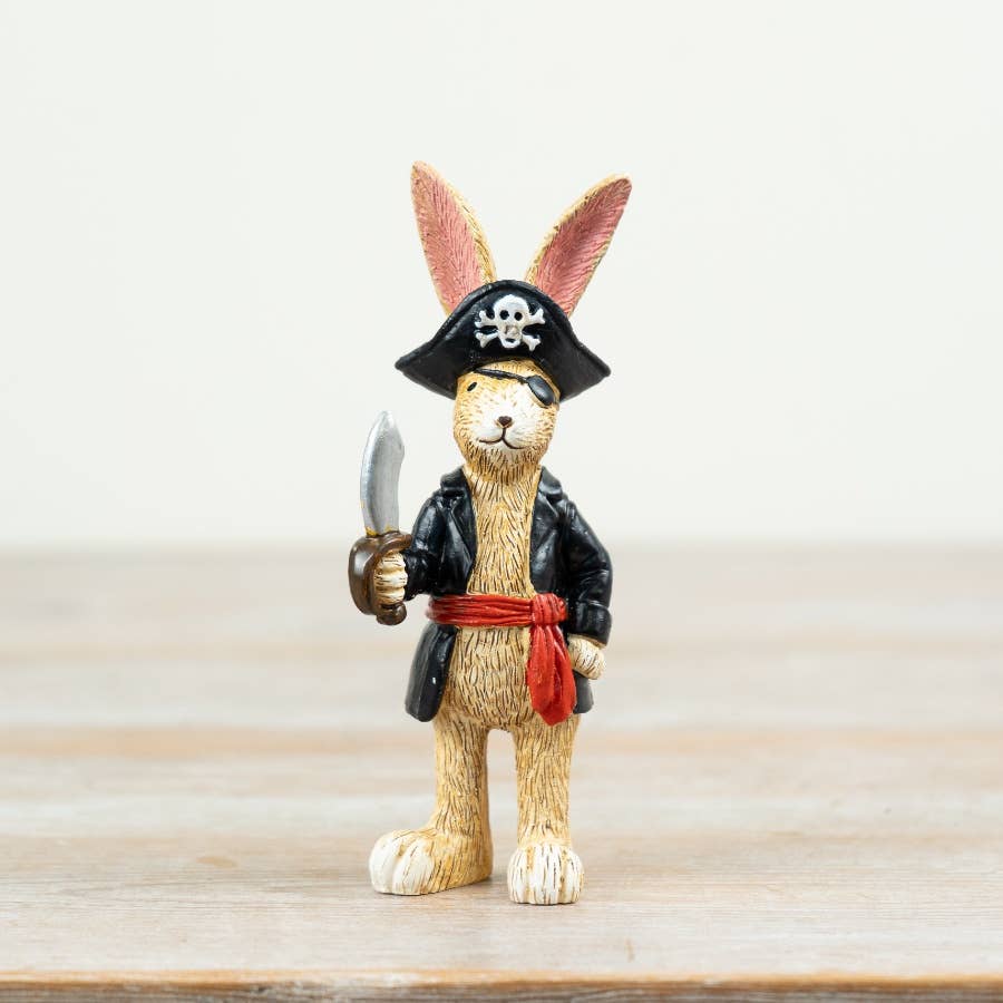 Jasper Rabbit pirate figurine with black hat, eye patch and sword, 14cm