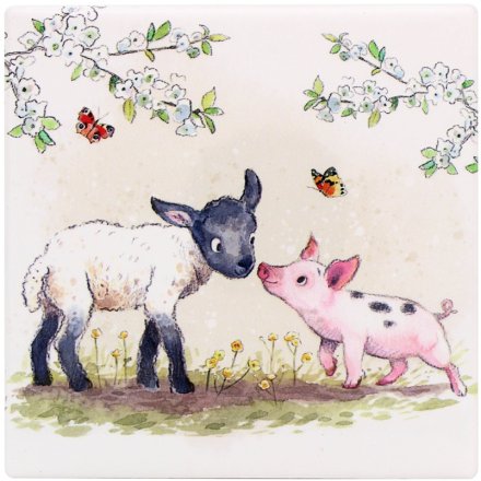 Square ceramic coaster with illustrated lamb and piglet surrounded by delicate flowers and butterflies