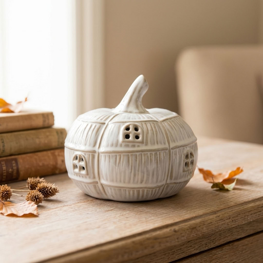 LED Pumpkin House styled on an aged wooden table in a warm English country home