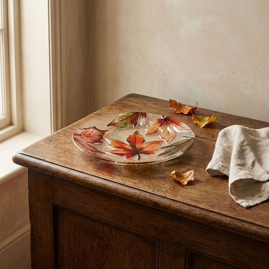 Maple Leaves Glass Decorative Plate 23cm styled with natural linen on an antique wooden chest in a country home