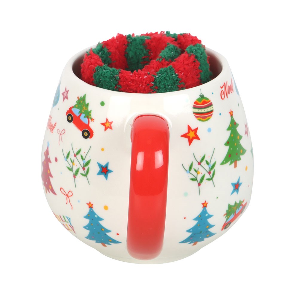 Nostalgic Christmas Mug and Socks Gift Set showing the reverse festive pattern, red handle and striped socks inside the mug