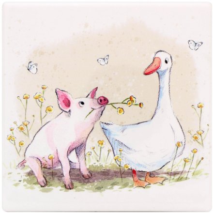 Square pig and duck drinks coaster with floral and butterfly illustration
