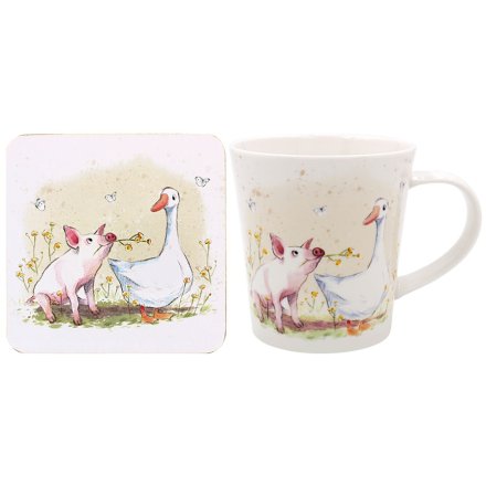 Pig and duck ceramic mug with matching floral farm animal coaster
