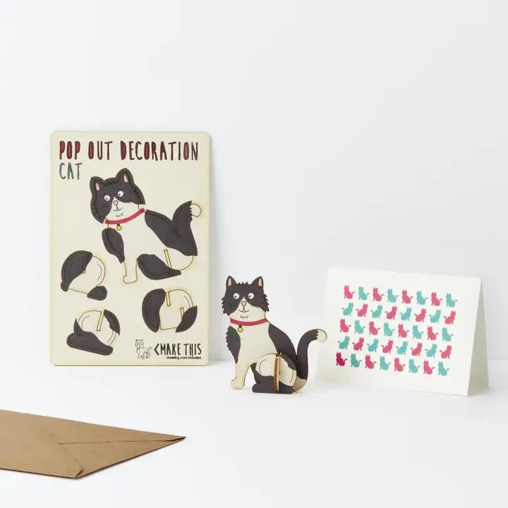 Pop Out Black & White Cat Greeting Card showing the flat pop-out design, assembled wooden cat and greeting card