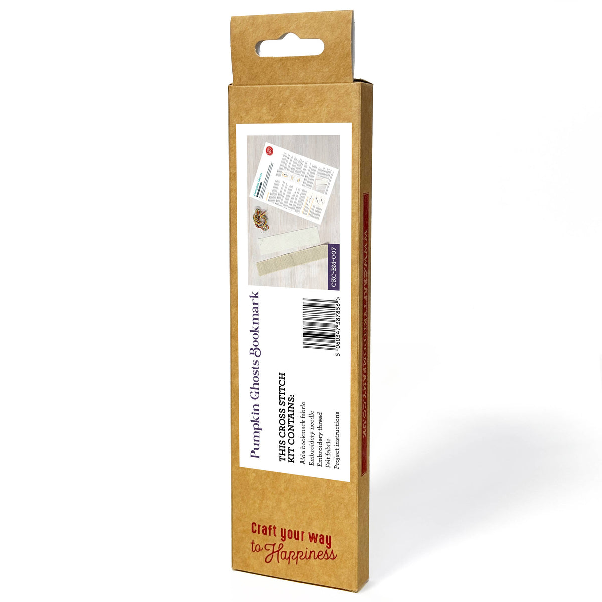 Pumpkin Ghosts Cross Stitch Bookmark Kit packaging back showing The Crafty Kit Company product information