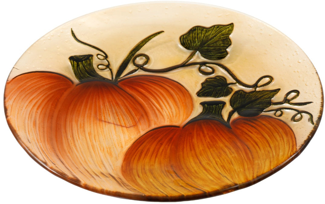 Pumpkin 30cm glass decorative plate with two orange pumpkins and trailing green vine design