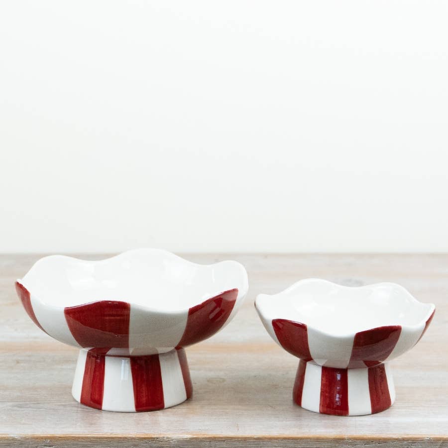 Red and white Candy Stripe Pedestal Bowl showing striped base and scalloped shape