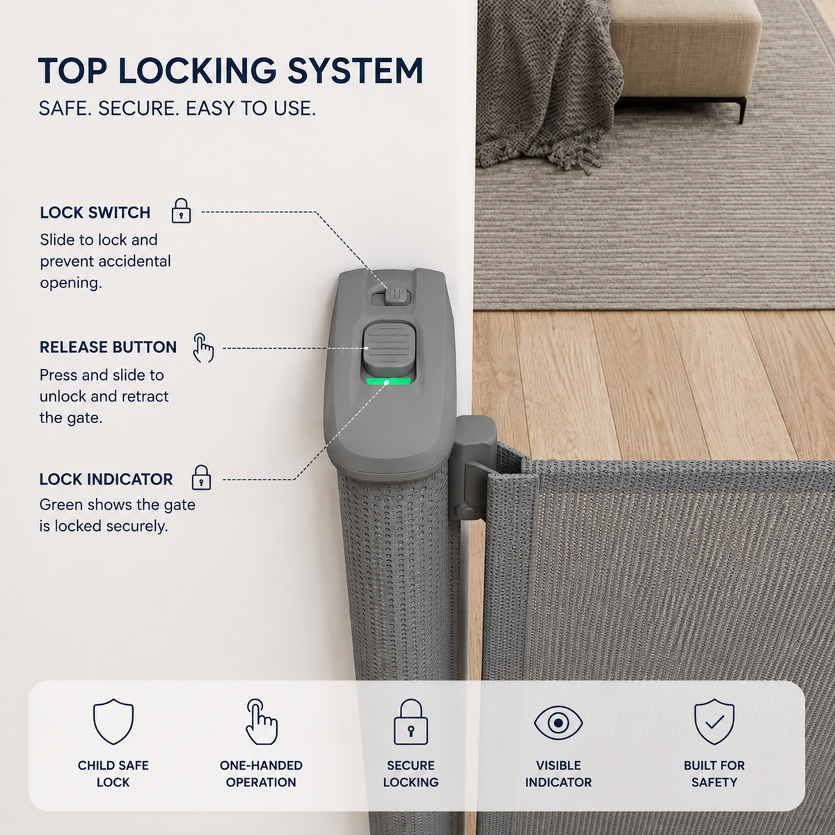 Grey retractable baby safety stair gate top locking system and fitting details
