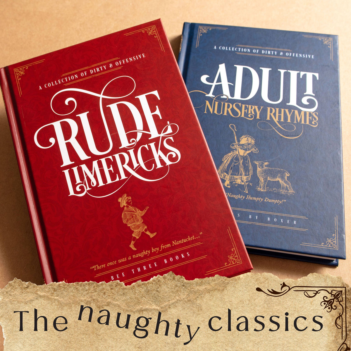 Rude Limericks red hardback displayed alongside another adult humour book as part of a collection of naughty classics.