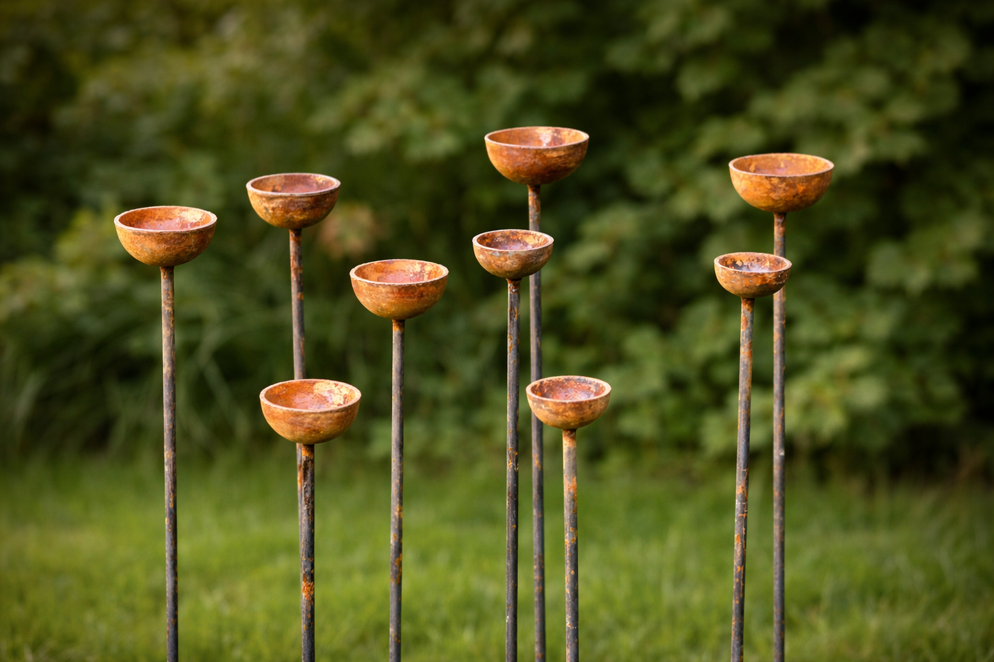 Rusty Metal Rain Catcher Cluster Garden Stakes – 1m Steel Sculpture Set