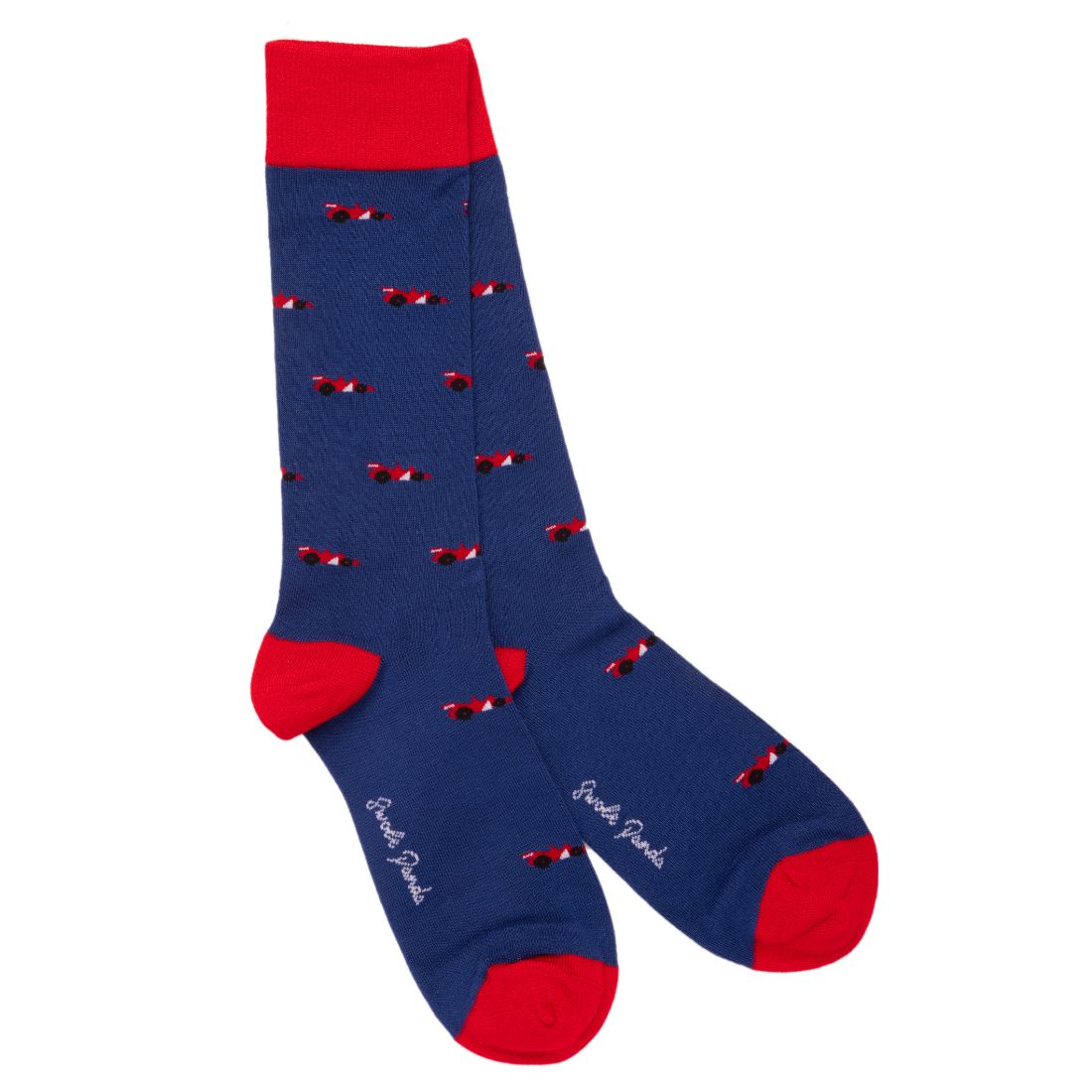 Navy Swole Panda bamboo socks featuring a red Formula 1 racing car design