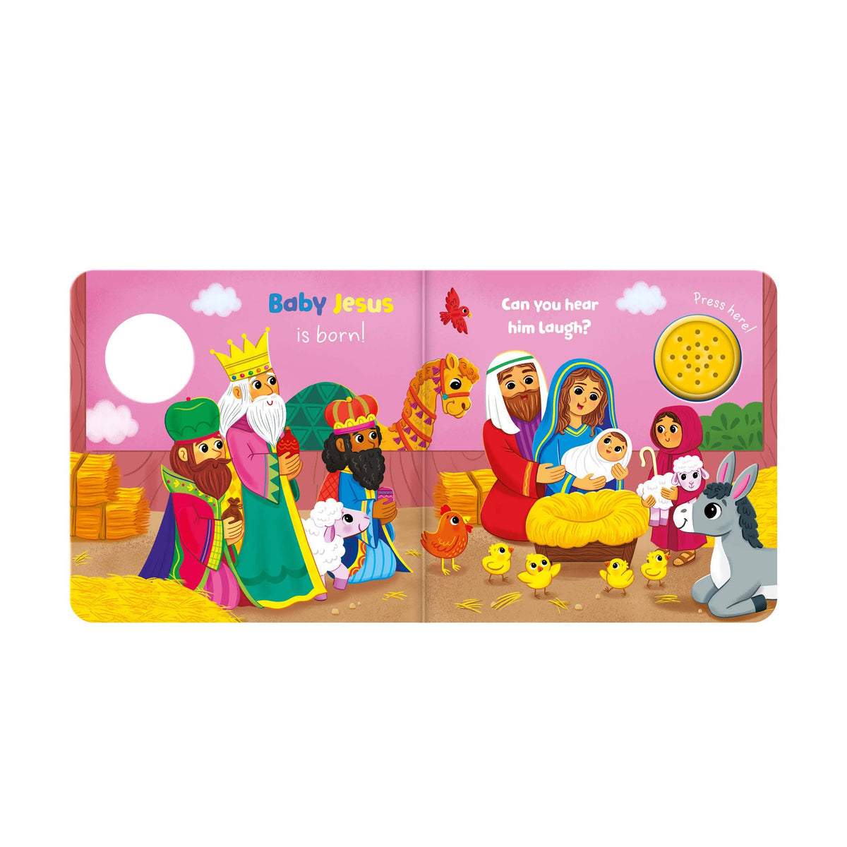 The Nativity one-button sound book showing an illustrated double-page spread with bright Christmas characters and scenes