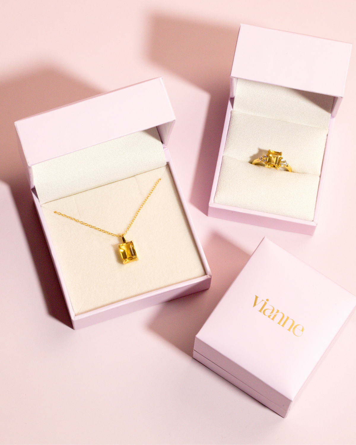 Vianne Jewellery moissanite engagement ring presented in a jewellery gift box.